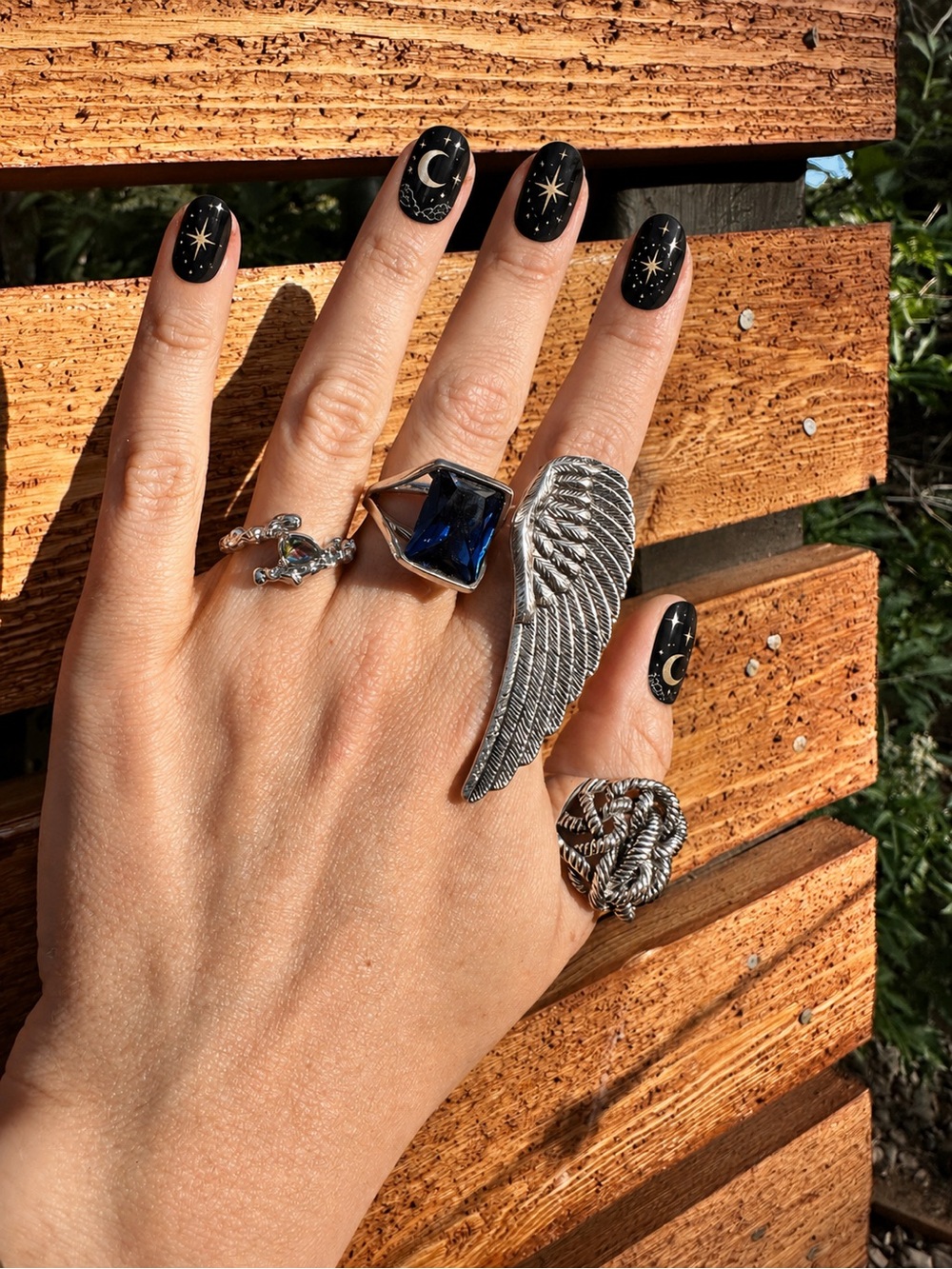 Celestial and Gothic Silver Wing & Blue Stone Statement Ring Set - Costume